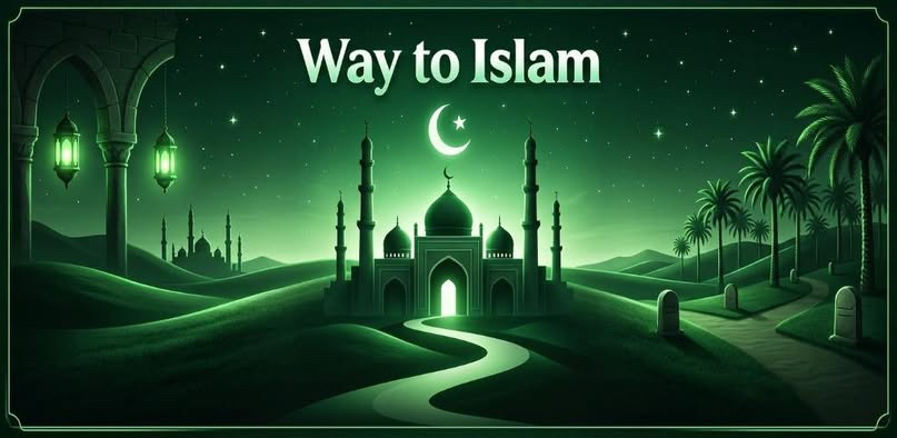 A glowing path leading to a mosque under a crescent moon, with the words Way to Islam